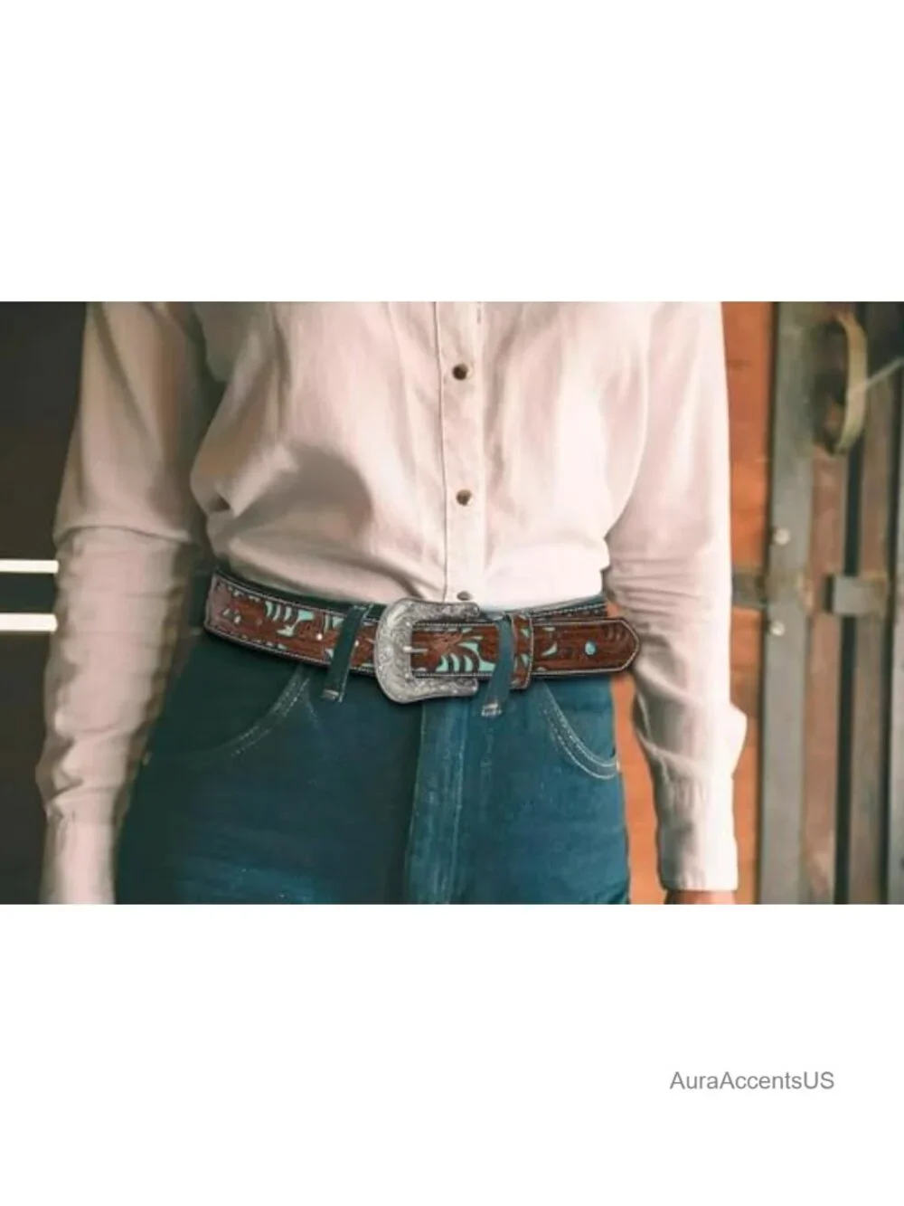Faux Leather Western Belt with Rhinestone Buckle, Turquoise Carved Pattern,